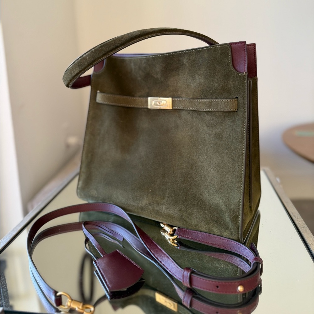 Tory Burch Large Lee Radziwill Olive Green Suede Satchel with Burgundy Trim - Picture 12 of 12